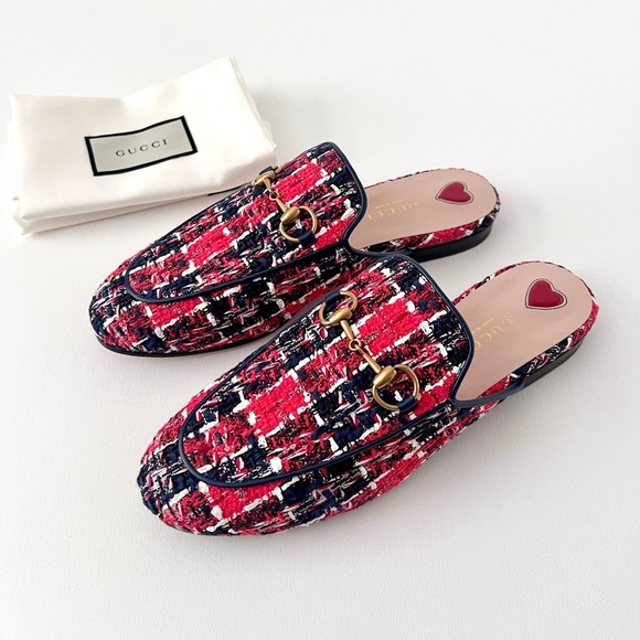 GUCCI || Princetown Red Blue Tweed Horsebit Loafer Mule Slipper Flat US 6.5 - Picture 2 of 12